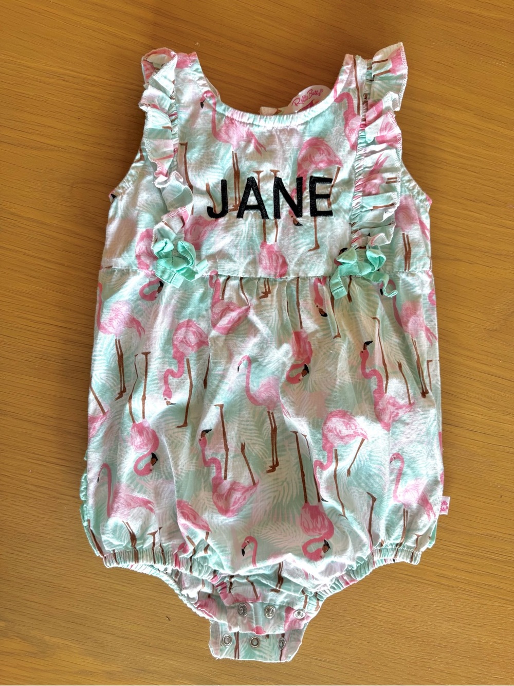 “Jane” Embroidered Ruffle Butts Flamingo Bubble Romper